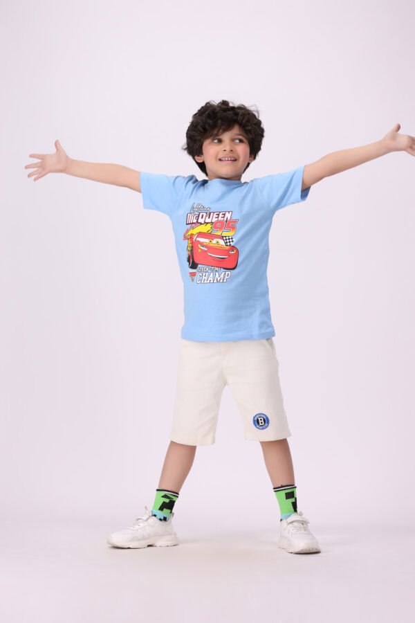 Speed Racer T-Shirt in sky blue with race car graphic.