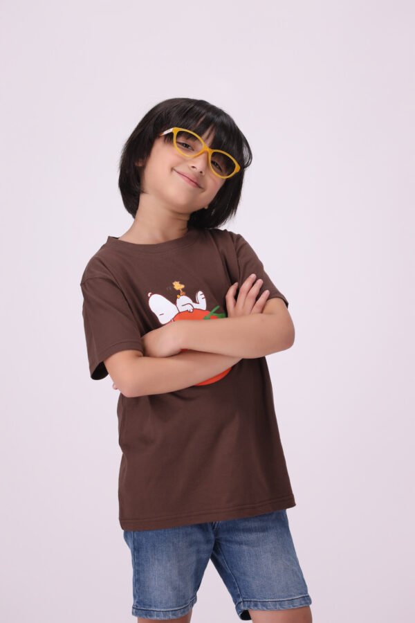 Playful & Premium Orange Joy Chocolate Brown Snoopy T-Shirt for Kids - Image 3