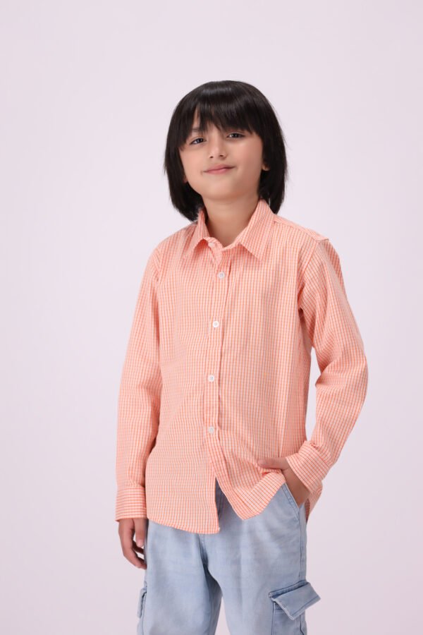 Trendy Peach Grid Checkered Casual Shirt for Kids - Image 4