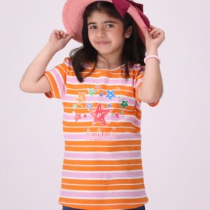 Soft Girls Striped T-Shirt in orange, pink, and white with star and butterfly designs.