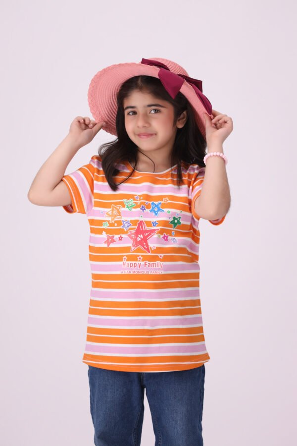 Soft Girls Striped T-Shirt in orange, pink, and white with star and butterfly designs.