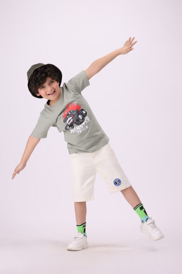 Monster Truck Graphic T-Shirt for Kids - Sage Green | Sporty & Adventurous Style - Image 3
