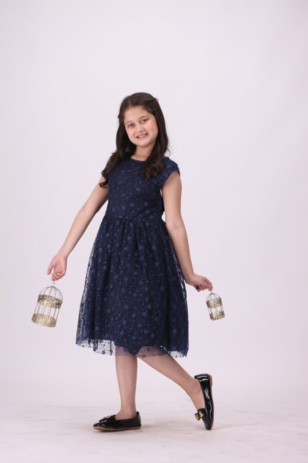 Cute & Elegant Gul-e-Neelam Frock  – Navy Blue for Little Princesses | Premium Festive Wear - Image 4