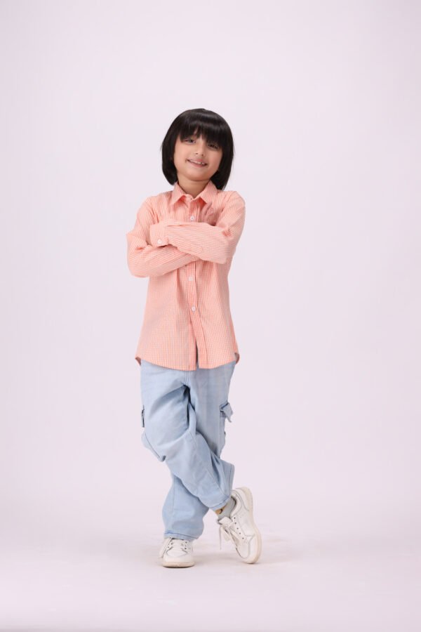 Trendy Peach Grid Checkered Casual Shirt for Kids - Image 5