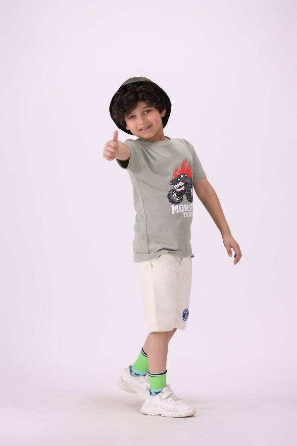 Monster Truck Graphic T-Shirt for Kids - Sage Green | Sporty & Adventurous Style - Image 4