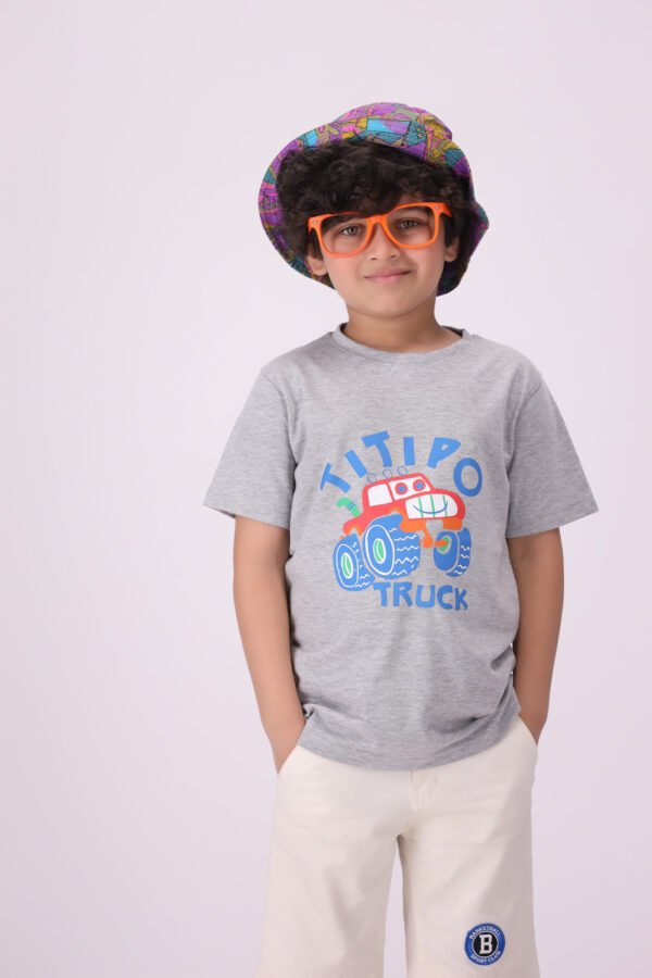 Premium Comfort & Adventure Turbo Truck Light Grey Monster Truck T-Shirt for Kids - Image 2