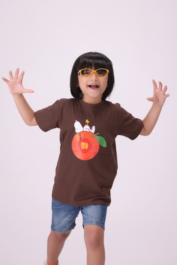 Playful & Premium Orange Joy Chocolate Brown Snoopy T-Shirt for Kids - Image 2
