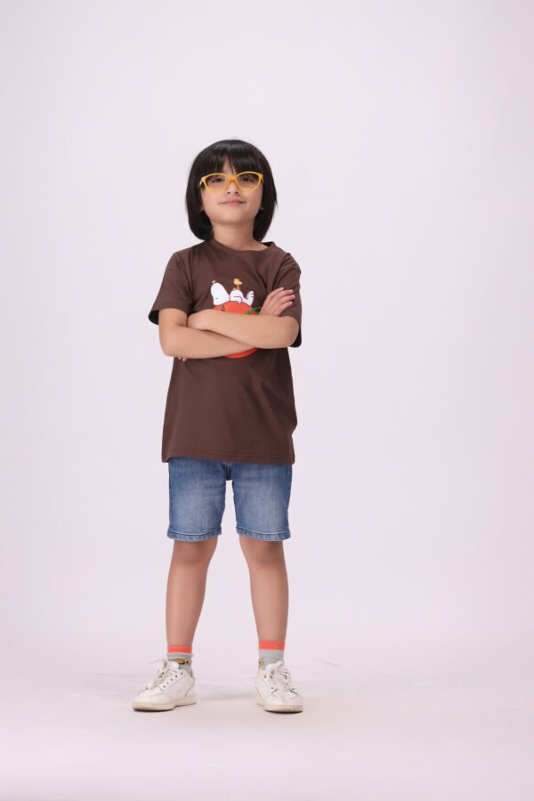 Playful & Premium Orange Joy Chocolate Brown Snoopy T-Shirt for Kids - Image 4