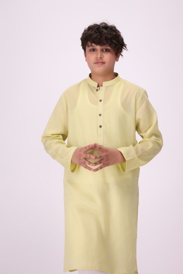 Boy's Lemon Kurta & White Pajama - Image 2